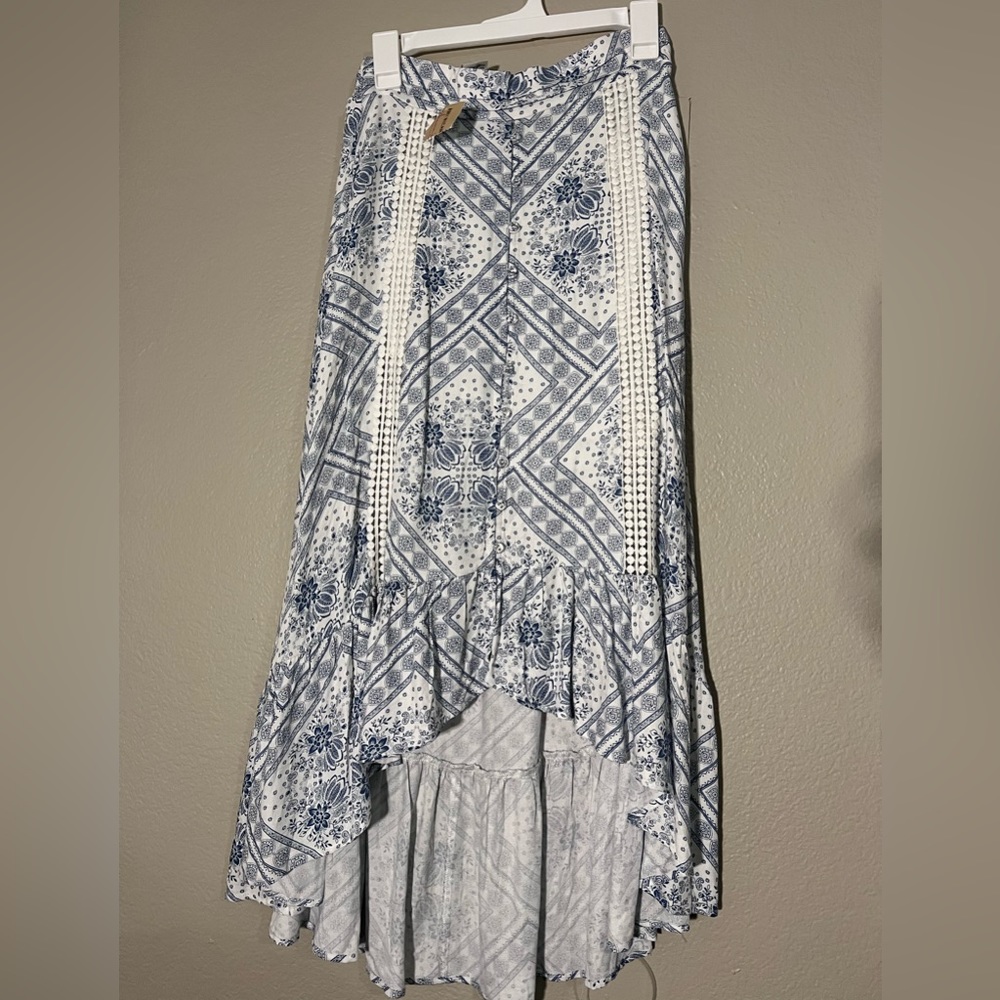 Blue and white high low boho skirt